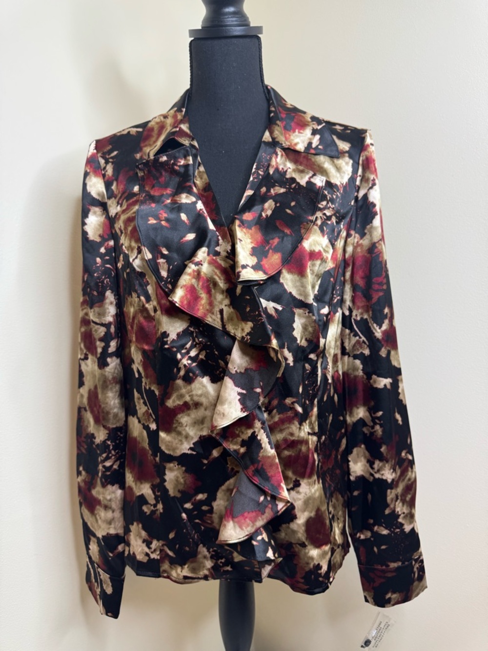 Jones New York Ruffled Satin-Feel Jacket in Black, Burgundy & Gold